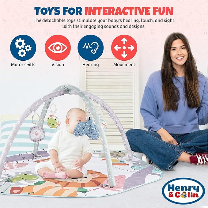 Henry & Colin Baby Activity Play Gym Mat with Hanging Toys, Soft Padded Mat, Sensory Development Play Area for Newborns and Infants, Convertible Play Center for Tummy Time and Fun Learning (Blue)