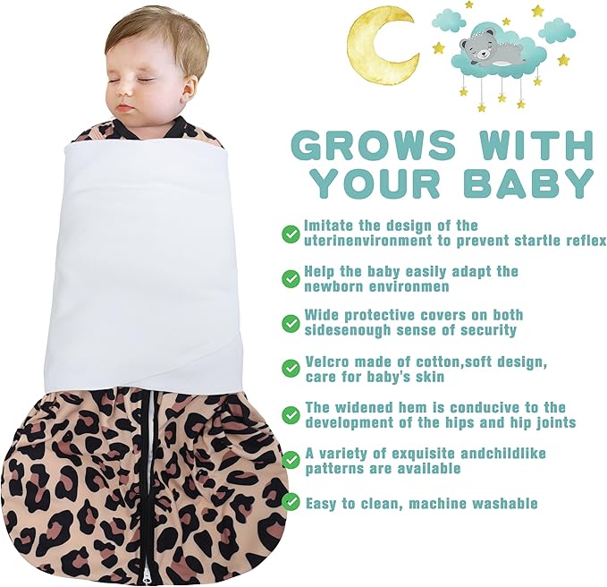Newborn Sleep Sack Baby Swaddle,3-Way Adjustable Wearable Blanket,100% Rayon Cotton Swaddling Sleeping Bag，TOG 0.5 (Leopard & Cobble, 0-3 Months)