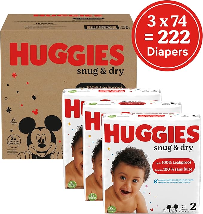 Huggies Size 2 Diapers, Snug & Dry Baby Diapers, Size 2 (12-18 lbs), 222 Count (3 Packs of 74), Packaging May Vary
