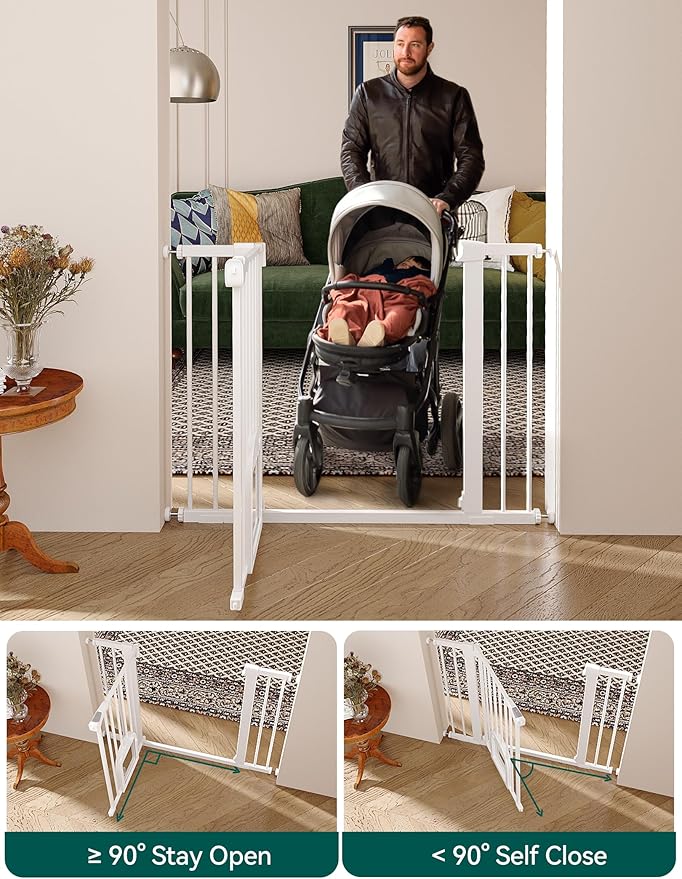 Babelio 36.5-57" Extra Wide Baby Gate with Cat Door,Auto Close&Two Way Swing,Pressure Mounted Dog Gates for Stairs,Doorways,Includes 4 Wall Cups and 3 Extension Pieces,White