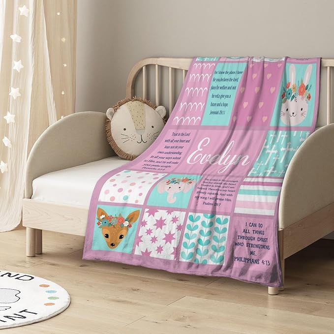 Personalized Baby Blankets with Name Christian Gift for Baby Plush Baptism Blanket Scripture Quote Swaddle Bible Verse Blanket for Girls Newborn Birthday Christmas Christening Godchild Gift