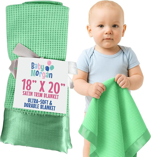 Thermal Waffle Knit Baby Blanket - Soft Breathable Mini Blanket for Newborns and Infants - Toddler Blankey for Strollers, Travel, Naptime, Nursery and More - 18" x 20" (Mint, Satin Trim)