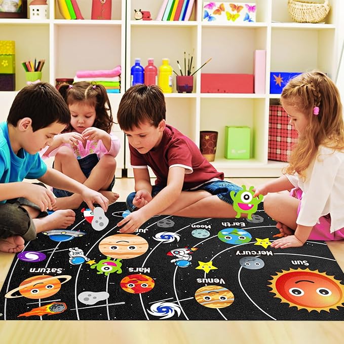 WATINC 44Pcs Outer Space Felt Story Board Set 3.5 Ft Solar System Universe Storytelling Flannel Interactive Play Kit with Hooks Astronaut Planets Alien Galaxy Reusable Wall Hanging Gift for Boys Girls