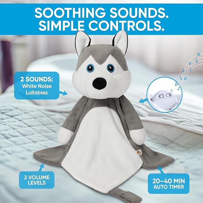 Love By Emi Baby Music Lovey Grey & White Husky, Baby Sleep Soother for Crib & Cuddle Bedtime, White Noise with Heartbeat & Lullaby, Plush Sound Toy, Stuffed Animal for Newborns, Infants & Toddlers
