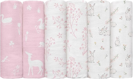 GLLQUEN BABY Receiving Blanket Boy Cotton Muslin Swaddle Blankets Girl Newborn Squares Breathable & Soft Thin Baby Blankets Cloths Double Absorbent Infant Swaddling Wrap - 6 Pack (Looking for Spring)