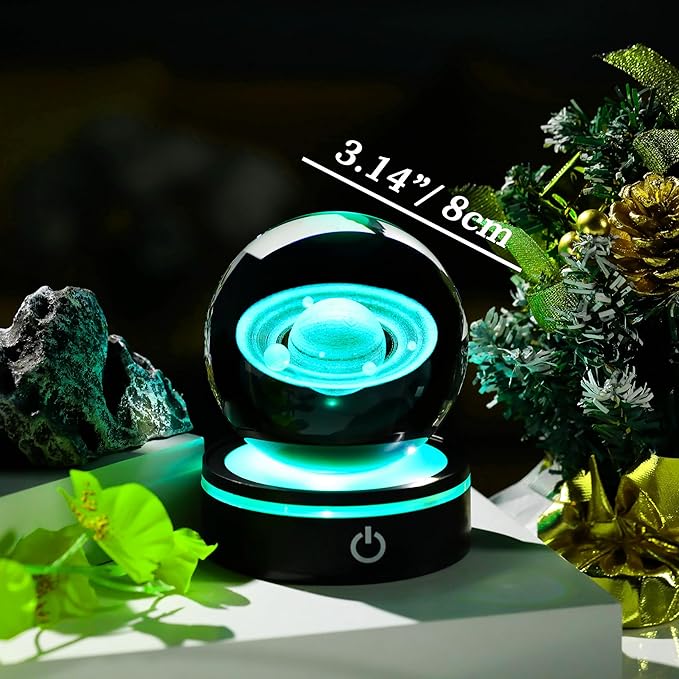3D Saturn Model Crystal Ball Led Lamp Base - Space Decor World Globe Planets Sphere Night Light 80mm 3.15 Inch - Solar System Decor Best Birthday Astronomy Gifts for Men Physics Science Teacher