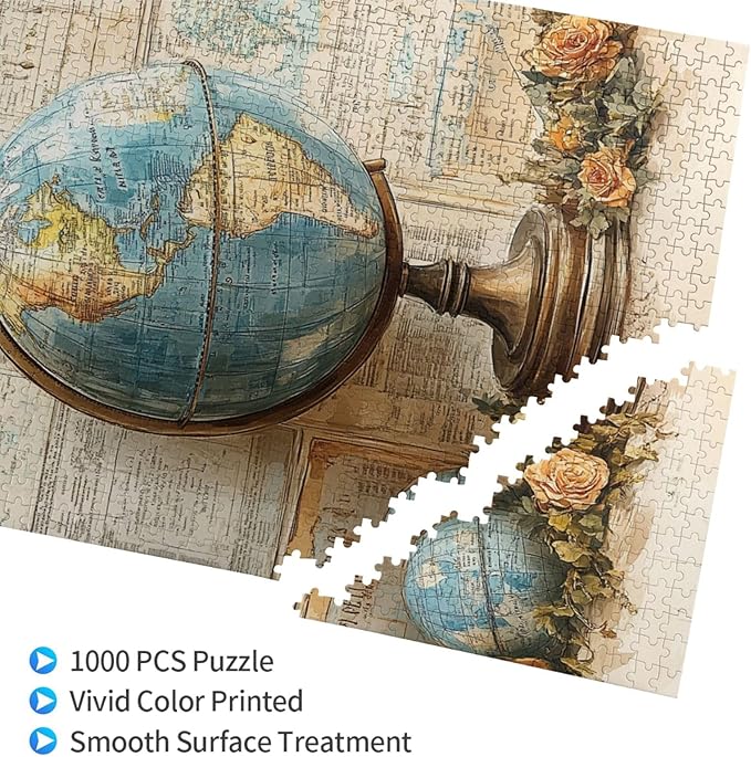 Elegant Globe Puzzle，World Map Inside, Vintage Backdrop, and Rose Detailing，1000 Piece Adults Wooden Jigsaw Puzzle，Puzzles Suitable for Entertaining with Family During Holidays