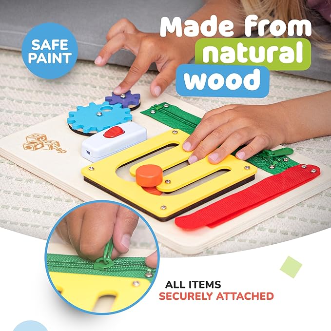 deMoca Sensory Busy Board for Toddlers, Premium Wooden Toddler Busy Board for 1 2 3 Year Old with 10 Educational Activities for Fine Motor Skills, Fidget Activity Toy for Travel Toy (Color)