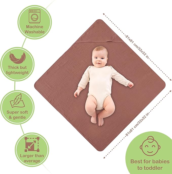 Organic Cotton Muslin Baby Hooded Towels - 32x32 Inch, 2 Pack Newborn Bath Towels for Boys & Girls, Soft & Absorbent Bath Set (Rust/Ivory)