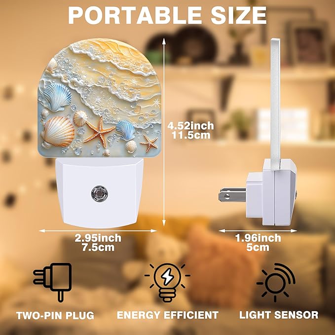 Night Light, Seashells and Seastars on Beach Night Lights Plug into Wall Dusk to Dawn Sensor Round Nightlight for Women Men Energy Efficient Led Lamp 0.5W for Stairway Hallway Bedroom
