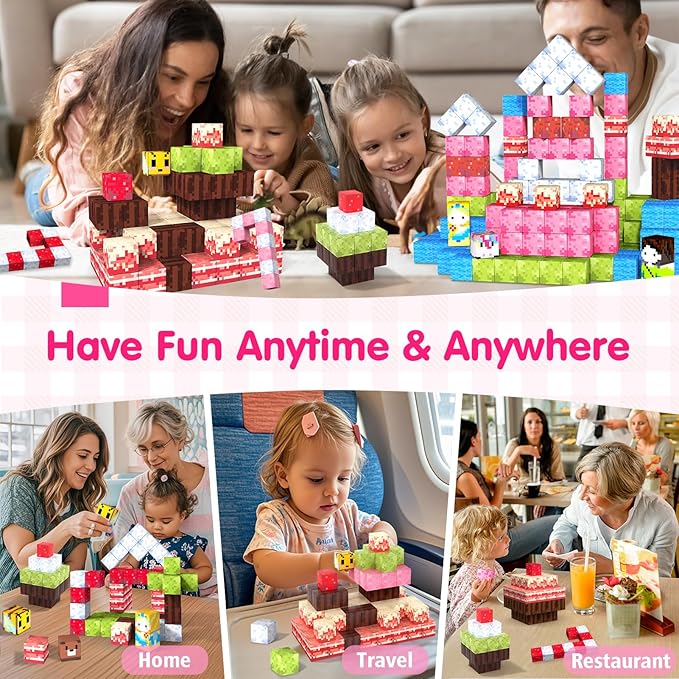 Magnetic Blocks for Kids Ages 3-5,54pcs Candy Magnetic Building Blocks Pink Magnet Cubes Sensory Creative Learning Toys Gifts for Toddlers Ages 4-8 5 6 7+Year Old Girls Birthday Christmas