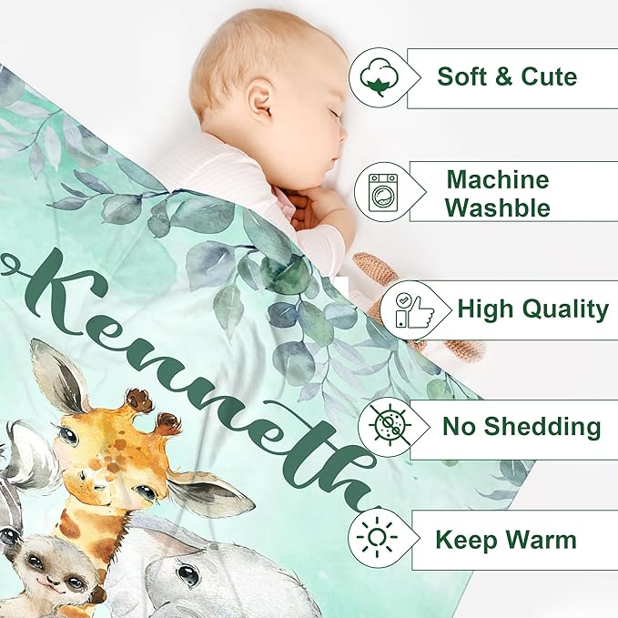 J&SBGFT Personalised Custom Baby Blanket for Boys, Toddlers, Kids - Safari Animal Green