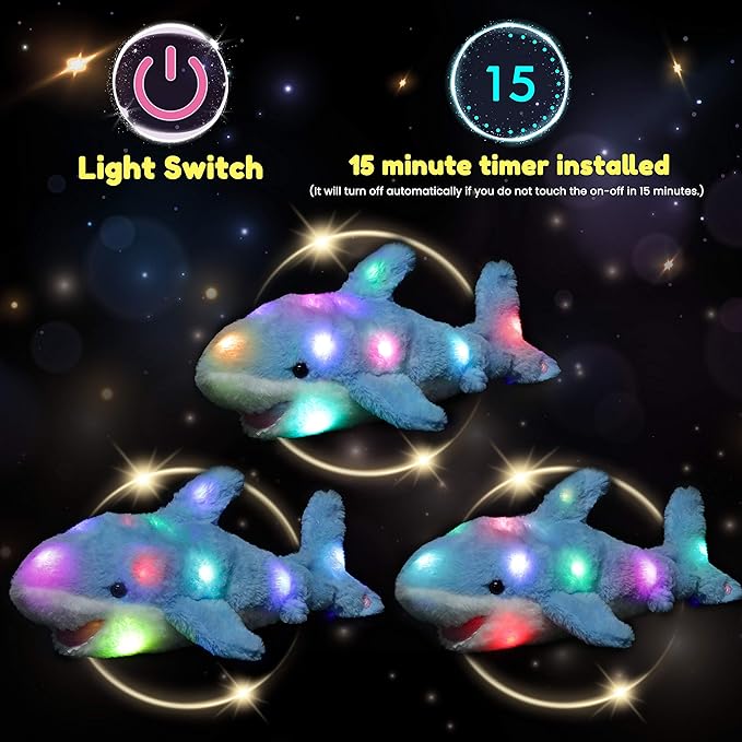 Hopearl LED Plush Shark Lighting Up Stuffed Animal Floppy Night Lights Glow in The Dark Birthday Festival for Kids Toddler Girls, Blue, 16''