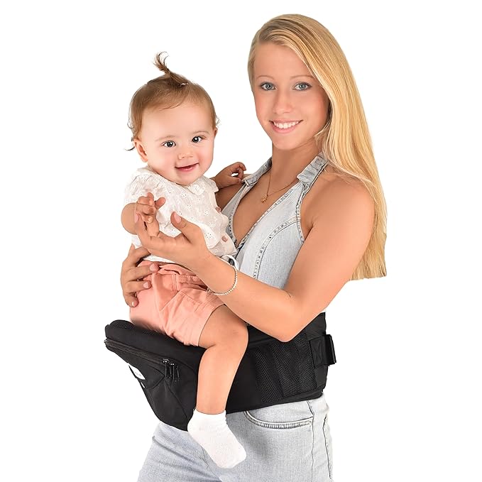 Baby Carrier with Hip Seat - with Lumbar & Back Support – Adjustable Waistband with Strong Support - Health Certified, Machine Washable, Fits Medium–Large (Black)