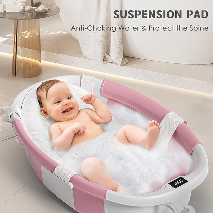 Collapsible Baby Bathtub for Newborn to Toddler 0-36 Months,Spacious Foldable Infant Bath Tub with Thermometer,Cushion & Drain Hole,Portable Travel Tub, Baby Shower Gift Pink