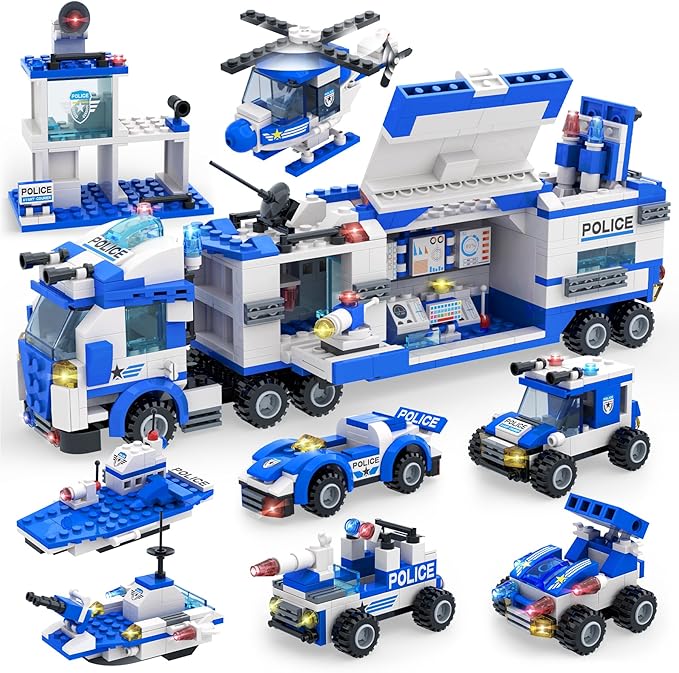 1338 Pieces City Police Car Building Sets, Police Station Truck Toy Blocks Set with Prison Helicopter Cop Car Boat for Boys and Kids Aged 6-12