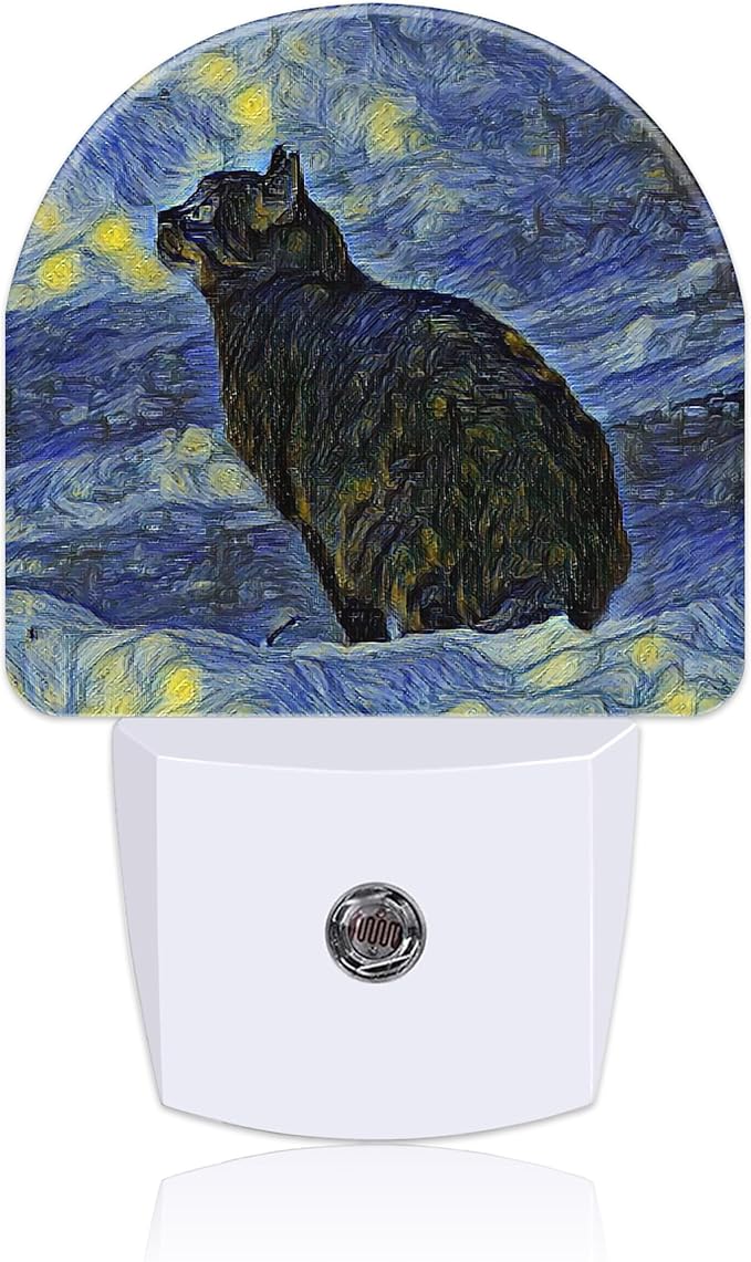 Starry Sky Black Cat Painting Night Light Plug into Wall with Dusk to Dawn Sensor Cute Nightlight for Kid Girls Boys Women Men Room Decor, Hallway, Kitchen, Bathroom, Nursery, Stairs