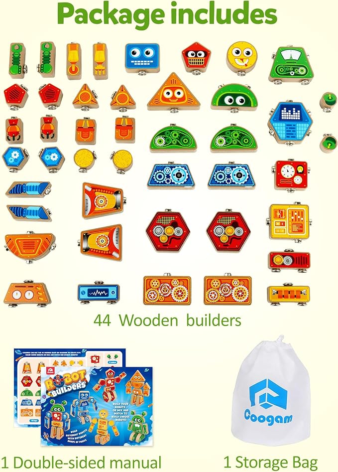 Coogam Snap Together Robot Builders for Toddlers, Wooden Take Apart Robot Build Block Playset, Fine Motor Skill STEM Educational Montessori Toy Gift for 3 4 5 Years Old Kids