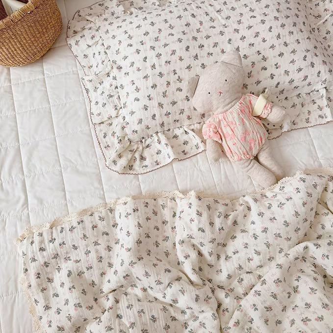 BuLuTu Muslin Cotton Kids Pillowcase Standard Size, 20"x26", Pink Bellflower Print Pillow Covers Soft Breathable Oeko-TEX Certified Girls Pillow Cases for Travel/Daycare/Nursery Decor,1 PC