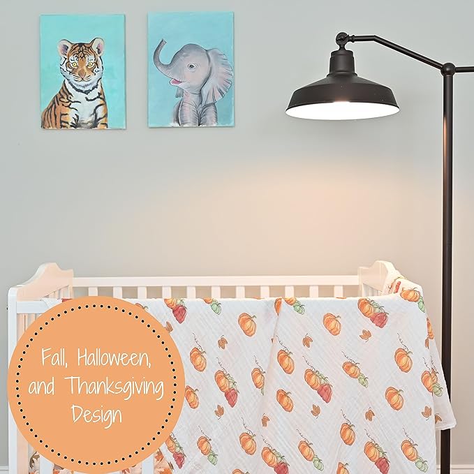 LollyBanks Baby Blanket, 100% Cotton Muslin Swaddle Blankets for Boys and Girls, Large 47 x 47 Inches Newborn Blanket, Soft and Breathable Baby Swaddle, Newborn Essentials, Registry (Pumpkin Print)