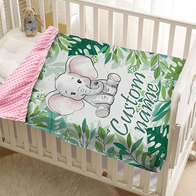 Custom Name Baby Blanket – Plush Flannel with Double-Layer Dotted Backing – Elephant and Green Leaves Theme for Infants and Toddlers