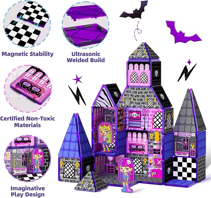 GobiDex Magnetic Tiles Doll House Building Toys, Monster Magnetic Blocks for Kids Ages 3-8,STEM Magnet Toys Birthday for 3+ Year Girls,Haunted Castle Playset