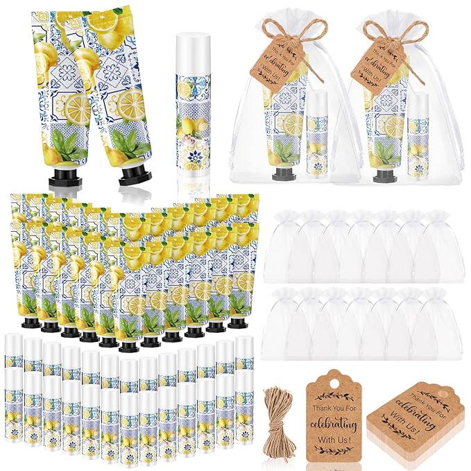 24 Sets Lemon Hand Cream and Lip Balm Gift Lemon Bridal Baby Shower Party Supply Travel Size Hand Lotion and Lip Balm Bulk with Organza Bag and Tag Wedding Baby Shower Party