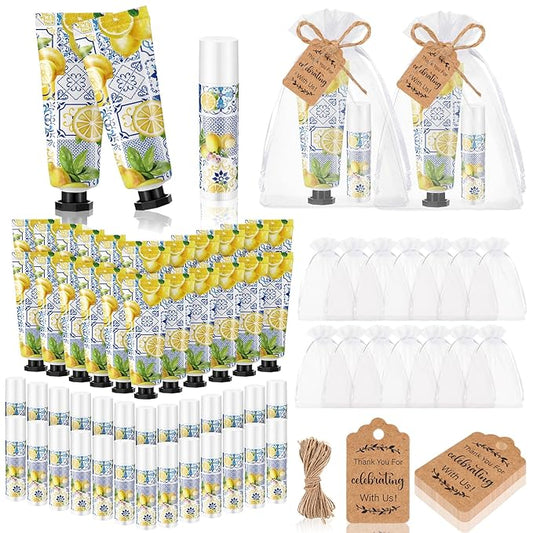 24 Sets Lemon Hand Cream and Lip Balm Gift Lemon Bridal Baby Shower Party Supply Travel Size Hand Lotion and Lip Balm Bulk with Organza Bag and Tag Wedding Baby Shower Party