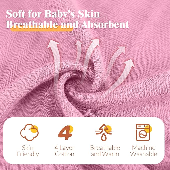 Preboun 6 Pcs Muslin Hooded Baby Towels and Washcloths 32"x 32" Cotton Newborn Bath Towel Anti-Shrink Infant Baby Blankets with Hood 12"x 12" Washcloths for Girl Boy Toddler(Pink,Dark Purple)