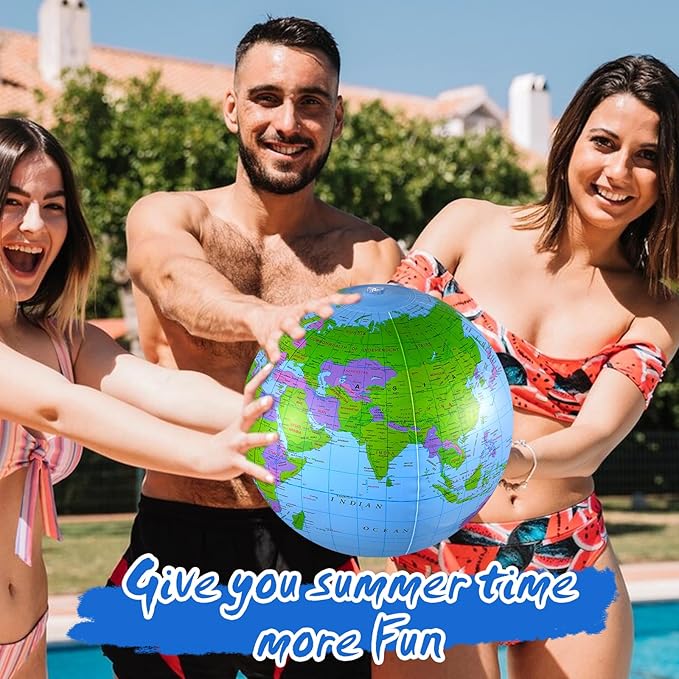 2 Pack Inflatable Globe Blow up World Globe Beach Ball 16 Inch Inflatable Earth Beach Ball for Beach Playing or Teaching, Party Bags, Summer Pool Party, PVC Material