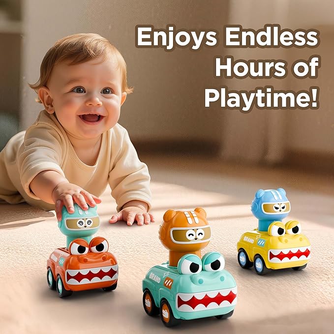 iPlay, iLearn Press to Go Animal Car Toys for Toddlers 1-3, Baby Push Go Friction Racing Cars Toy, 3pcs Infant Play Vehicle Set for 12 18 24 Month, 1st Birthday Gifts for 1 2 3 Year Old Boy Girl Child