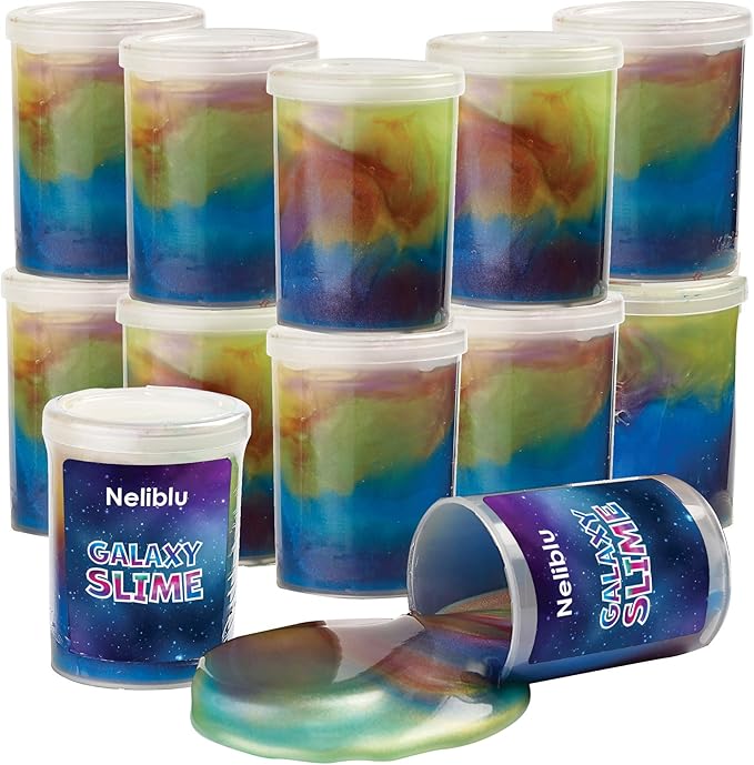 Neliblu Galaxy Slime Kit - 12 Pack of 4 oz Galaxy Slime Party Favors for Kids, Fun DIY Decoration and Self-Calming Toys - Marble Rainbow Slime Set for Girls - Goodie Bag Stuffers and Birthday Gifts