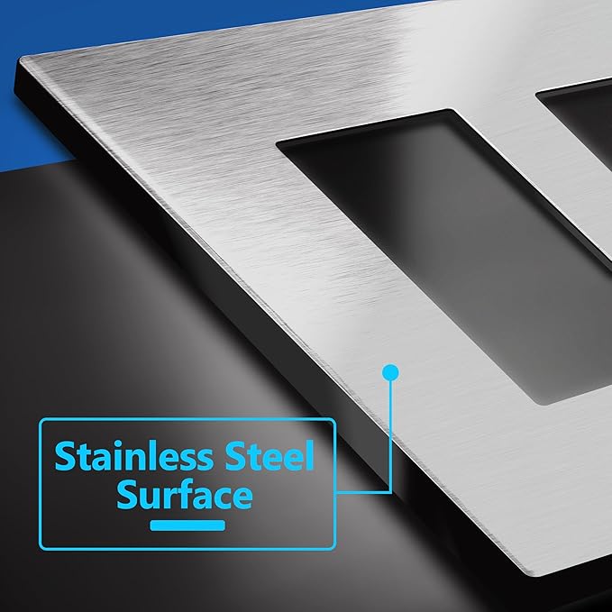 LIDER Double Decorator Metal Wall Plate, Temperature and Impact Resistant, 430 Stainless Steel, Screwless Cover, Modern Upgrade, Mid-Size 2-Gang 4.88” x 4.92”, Stainless Steel, LSMWP-32M-SS