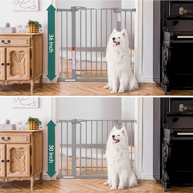 BABELIO 36" Tall Baby Gate, 26-40" Wide Auto Close Pet Gate, PressGuard C5 Pressure Mounted Metal Dog Gate, Easy-Install No Drilling, No Tools Needed, with Wall Protectors and Extension Kits, Gray