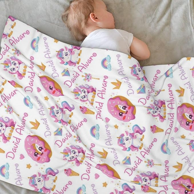 Ship Next Day Personalized Baby Blanket, Printed in USA - Custom Name Toddler Blanket with Rainbow Horse Pattern, Personalized