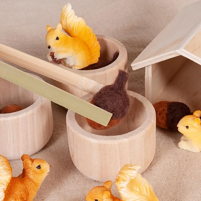 Sorting Stacking Wooden Toys for Toddlers, Squirrel Montessori Toys Toddler Sensory Bin Tool Toy, Wood Squirrel Toy House Fine Motor Skill Early Learning Educational Gift for Kids