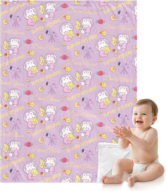Ship Next Day, Personalized Baby Blanket for Boys Girls - Printed in USA, Custom Name Toddler Blanket with Rabbit Pattern, Perfect Newborn Gift