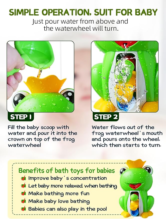 Baby Bath Toy with Suction Cups, Cute Frog Waterfall Bathtub Toy with Spinning Waterwheel, Interactive Toddler Bathtub Toy for Boys and Girls Gifts Ages 1-3