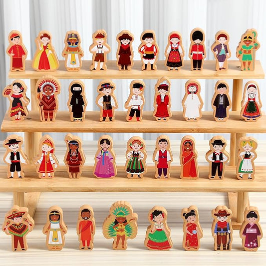 Blosssound 36 Pcs Multicultural Wooden Character Set Small Wooden People Figures Small Diversity Country Couples Wood Blocks for Preschool Classroom Play Games Educational Activity Supplies