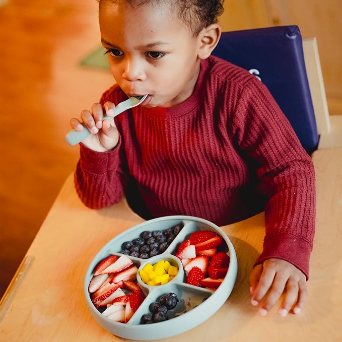 Talktools Bitsy Feeding Kid's Essentials Plate Set – Toddler Utensils, Spoon and Fork, Plate Lid, Perfect for Mealtime – Strong Suction Toddler Plates with 4 Compartments (Spoon/Fork-Cloud)