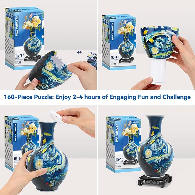 3D Puzzles Vase for Adults, Crafts for Adults, 164 Pieces Plastic DIY Unique Flower Vase with LED Light House Warming Gift Birthday Gifts for Flower Arrangements and Home Decor (Blue)