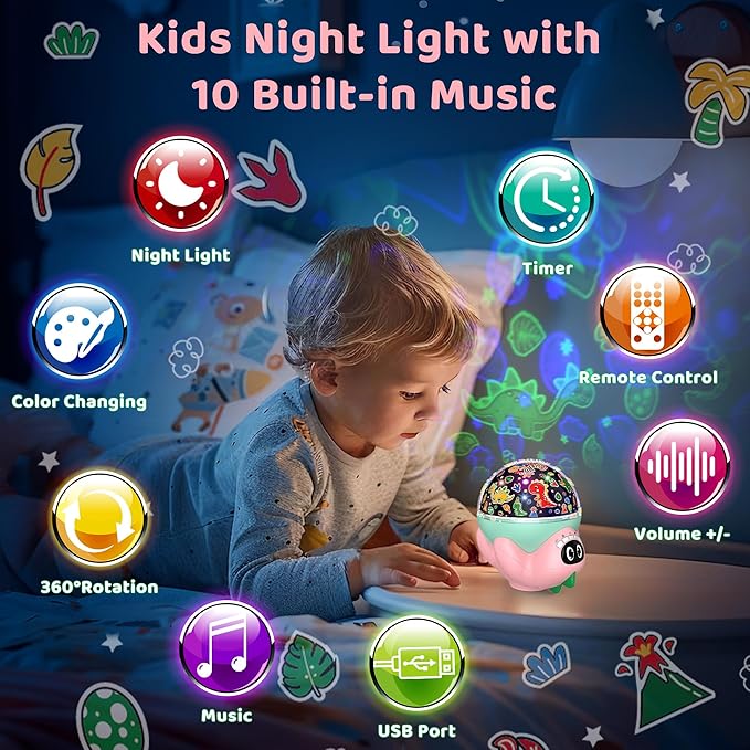 Dinosaur Night Light Projector for Kids Room, Boy Girl Dino Lamp with 10 Soothing Music& Timer, Remote Control, Colorful Projection Effect, High Brightness, Birthday Gifts for Infant Baby