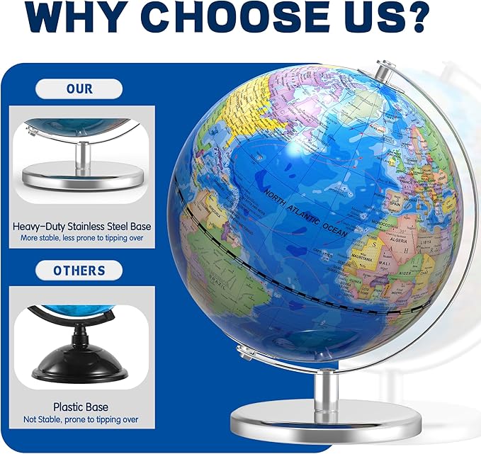 13 Inch Large World Globe for Adult, Educational Globe for Children, Colorful HD World Map Details for Kids Learning, Illuminated Globes Lamp for Kids Gift and Bedroom Office Decor