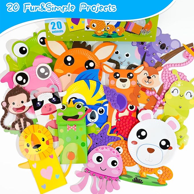 DINSUMRUG 20 Animal Arts & Crafts Kit for Kids 4-6, All-Inclusive Toddler Craft Box with Paper Plates, Puppets, Fun Activities, Tigers, Lions (134 Characters) (Animal)