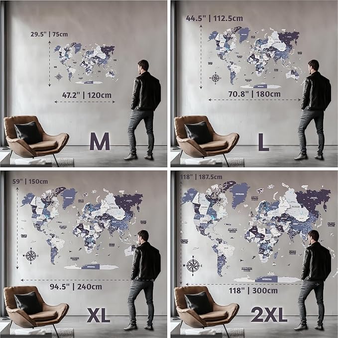 Colorfull Worlds 3D Wooden World Map Wall Art - Premium Multicolored World Travel Map for Wall Decor with Push Pins- Ideal Housewarming Gift & Travel Tracker (XXLarge, Sage)