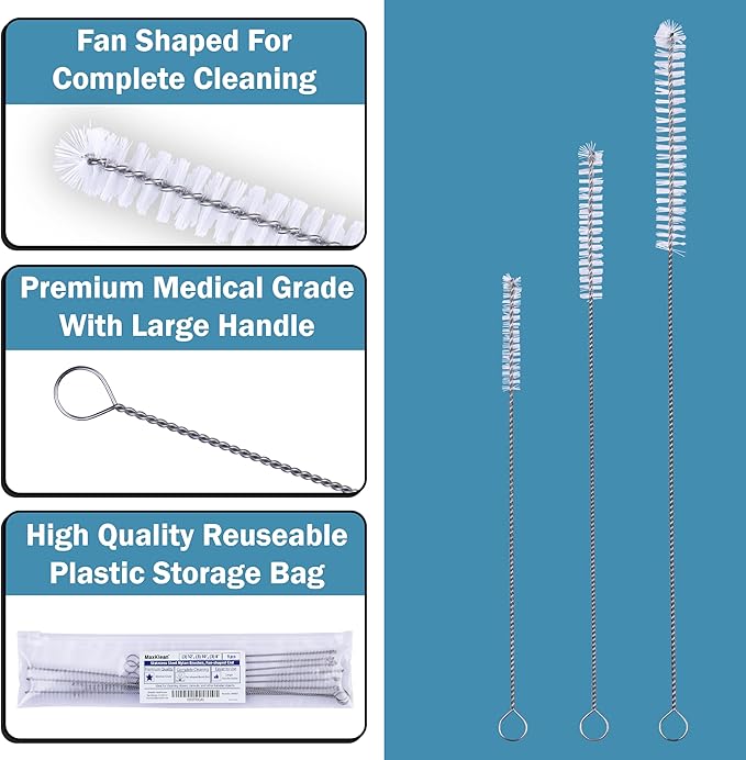 Strong 'n Flex Nylon Straw Cleaner Brushes – Fan-Shaped End for Tight Spaces, Ideal for Reusable Straws, Water Bottles, Sippy Cups & Pipes – Includes Zippered Pouch – 8", 10”, 12” Long – Set of 9