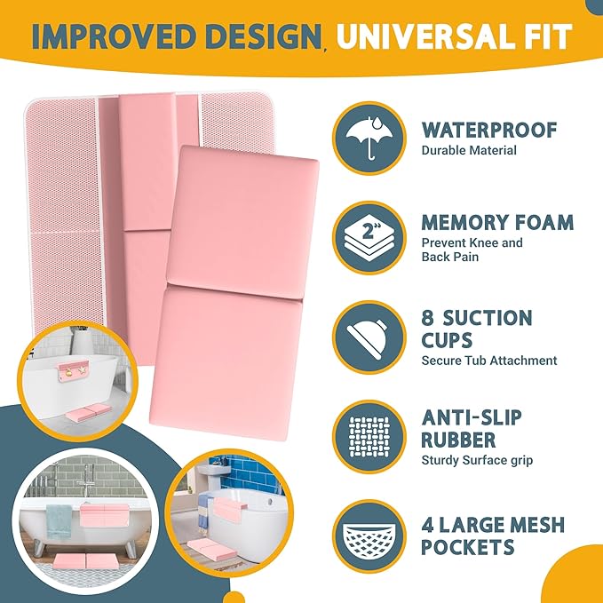 Memory Foam Bath Kneeler and Elbow Rest Pad Set, 2-Inch Thick, Water-Resistant Mat – Baby Bath Time Essentials Cushion and Bath Kneeling Pad for Bathing Baby with Bathtub Toy Organizer (Pink)
