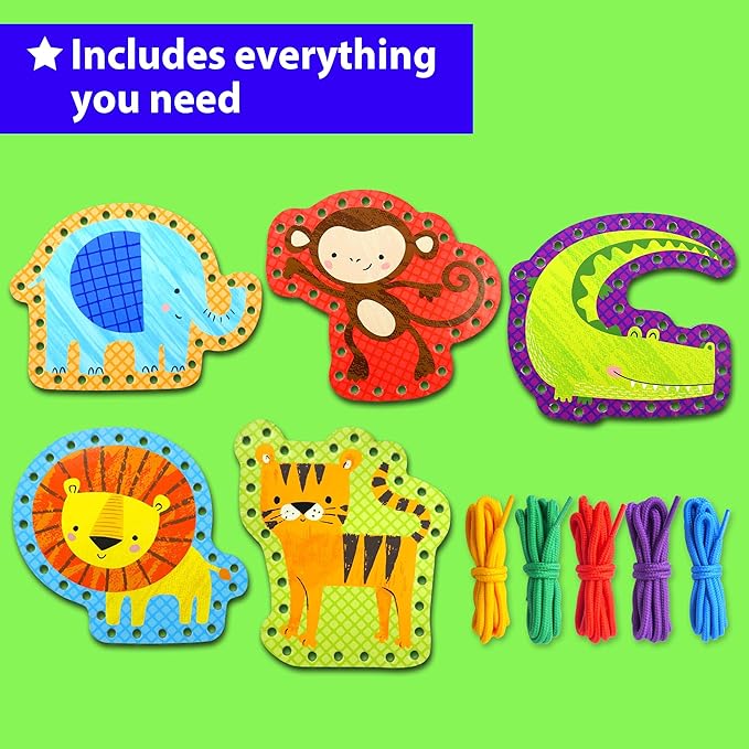KRAFUN Beginner Preschool Lacing Card Kit for Kids Arts & Crafts, 5 Easy Safari and Animal Lacing Projects, Paper Craft Cards for Toddlers, Fine Motor Skills Training Toys