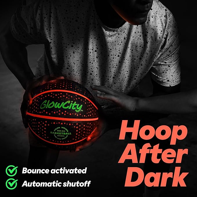 GlowCity Glow in The Dark Basketball for Teen Boy - Glowing Red Basket Ball, Light Up LED Toy for Night Ball Games - Sports Stuff & Gadgets for Kids Age 8 Years Old and Up. Great Gift for Boys & Girls