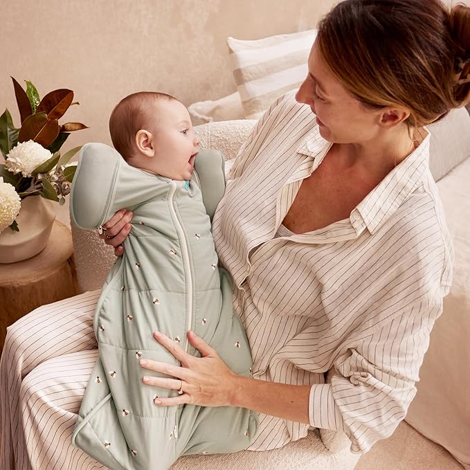 Love to Dream™ Swaddle UP™ Transition Bag, Large 8.5-11 kg, Bees Olive, Snug Fit, Zip-Off Wings, 2.5 TOG, for 16-20°C Temp, Machine Washable Quilted Stretch Cotton, 2 Zips, Easy Nappy Change